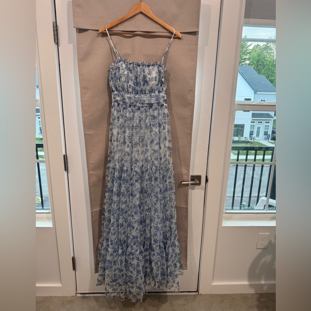 City Studio Blue and white  Spaghetti Strap Maxi Dress. Floral Tulle dress.